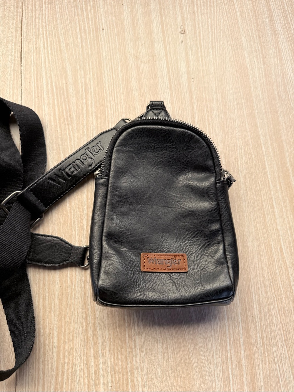 Wrangler Black Leather-Style Crossbody Sling with Brown Logo Patch